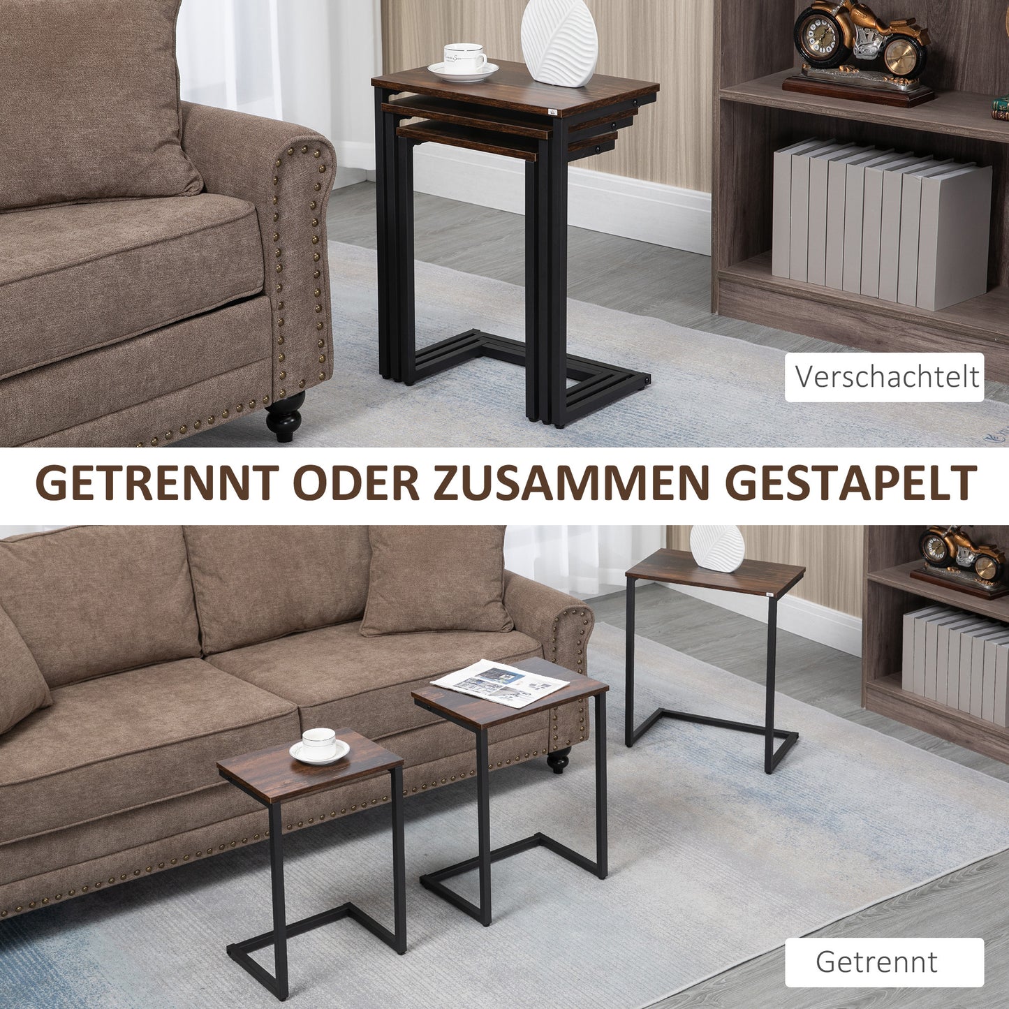 Industriële Bijzettafel – Salontafel – Nachtkastje – Tafeltje – Tafelset – 3-delige Set – Stalen Frame – Bruin Houten Blad – Nestbaar – Verstelbare Voetjes