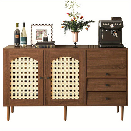 Dressoir – Sideboard – Opbergkast – Kast – Buffetkast – Landelijke Stijl – Rieten Deuren – Magnetische Sluiting – Verstelbare Legplanken – 130 x 75,5 x 40 cm – Stevige Constructie