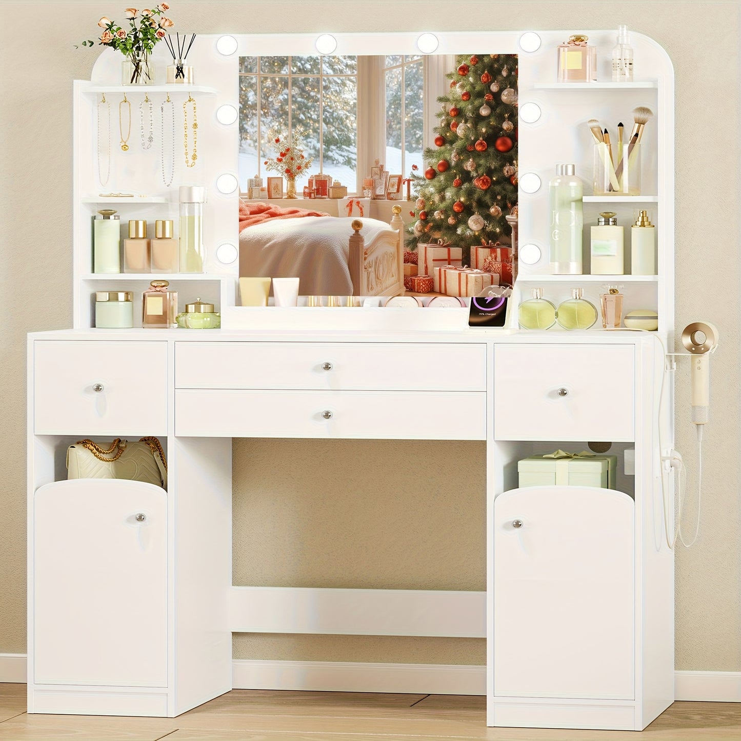 Kaptafel – Make-uptafel – Schminktisch – Toilettafel – Toilletafel – LED-Verlichting Met 3 Lichtstanden – Groot Oppervlak 108 cm Wit
