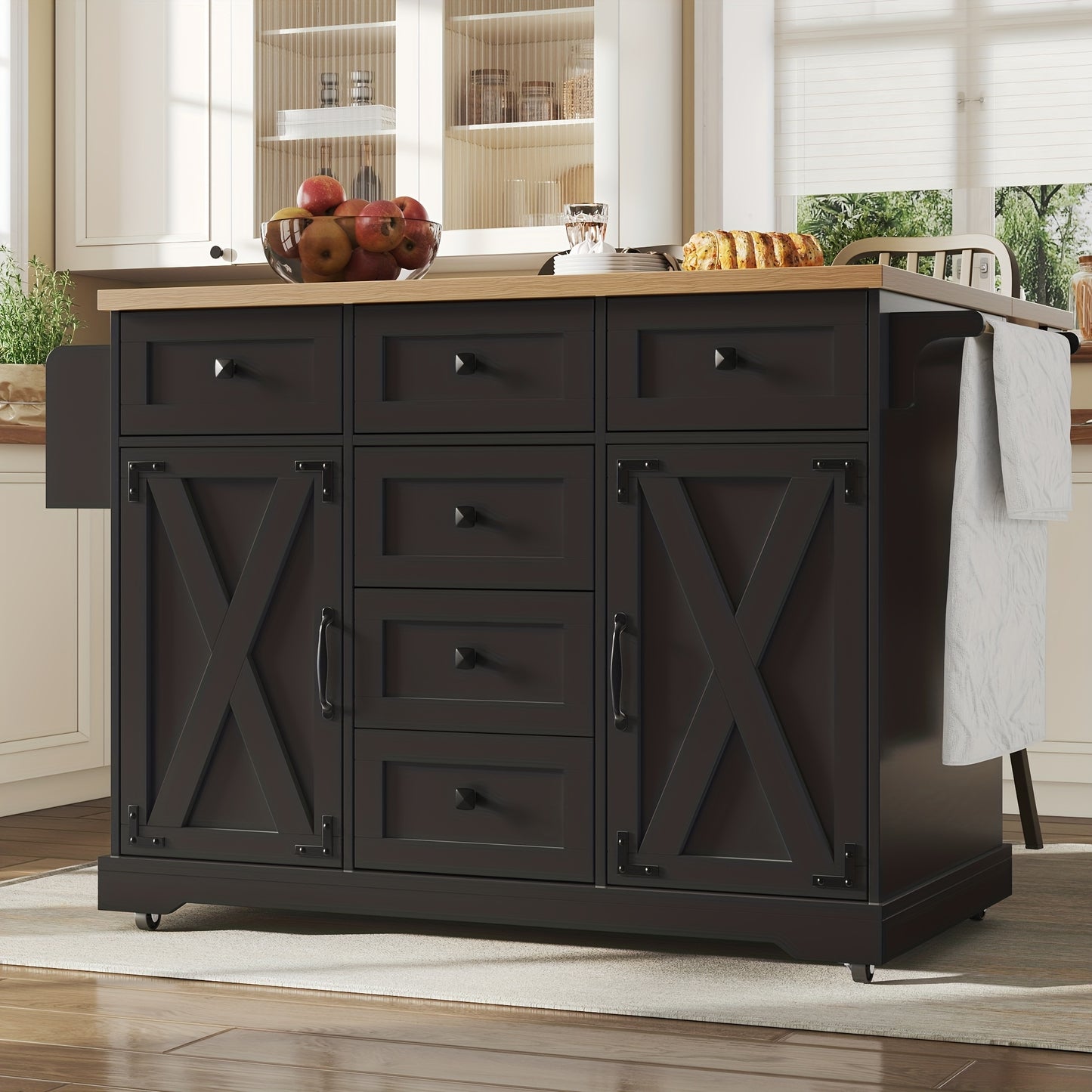 Multifunctional Kitchen Island with Mobile Storage Cabinet & Buffet - & Classic Design, Freestanding Floor Cabinet with Spacious Countertop, Ample Storage Space, No Electrical Required for Dining Room & Living Room, Durable M