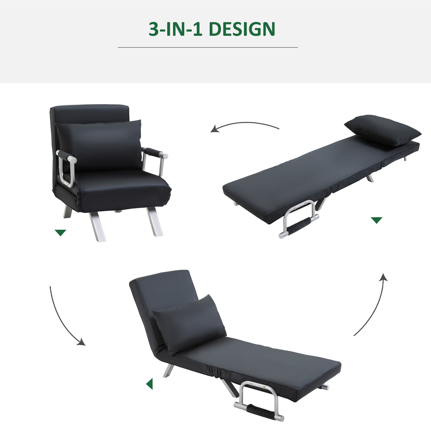 3-in-1 Slaapbank – Bedbank – Logeerbed – Fauteuil – Zitbank – Zwart – Ruimtelijk & Compact – Inclusief Comfortabel Kussen