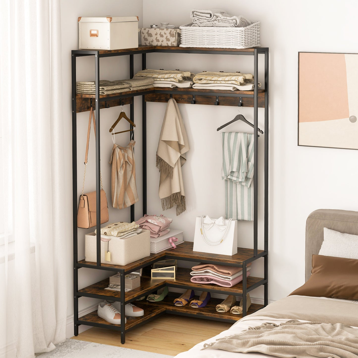 Hoekgarderobekast – Hoekkast – Kledingrek – Garderoberek – Jassenrek – L-vormig Design – Met 7 Metalen Haken – Stevig Metalen Frame – Zitbank Schoenen Organizer – Rustiek Bruin Zwart