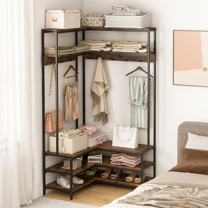 Hoekgarderobekast – Hoekkast – Kledingrek – Garderoberek – Jassenrek – L-vormig Design – Met 7 Metalen Haken – Stevig Metalen Frame – Zitbank Schoenen Organizer – Rustiek Bruin Zwart