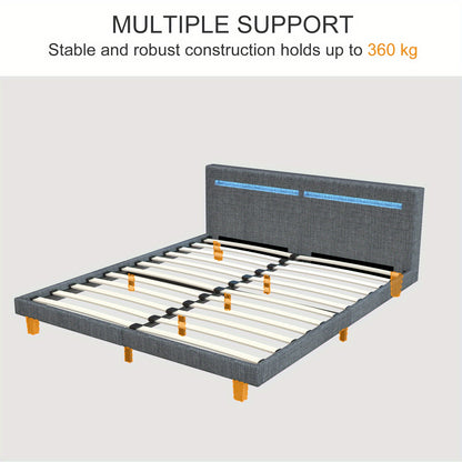 Bedframe – Tweepersoonsbed – Stalen Frame – Houten Lattenbodem – Gestoffeerd Bed – 140x200 cm – Stevig Tot 360 kg – Donkergrijze Katoen Schuimvulling