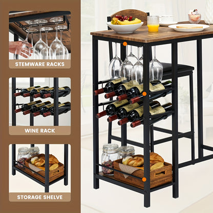 Bar Tafel Set – Eettafel Set – Keukentafel Met Stoelen – Bistroset – Barstoel Set – Met Wijnrek & Opbergrek – Compact Voor Kleine Ruimtes – Vintage Kleur
