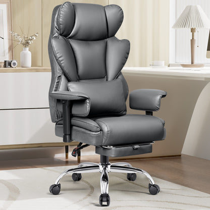 Bureaustoel – Kantoorstoel – Werkstoel – Bureaufauteuil – Bureaustoel Met Voetensteun – Ergonomische Hoge Rugleuning – Stevig Carbon Stalen Frame – PU Leer – Grijs