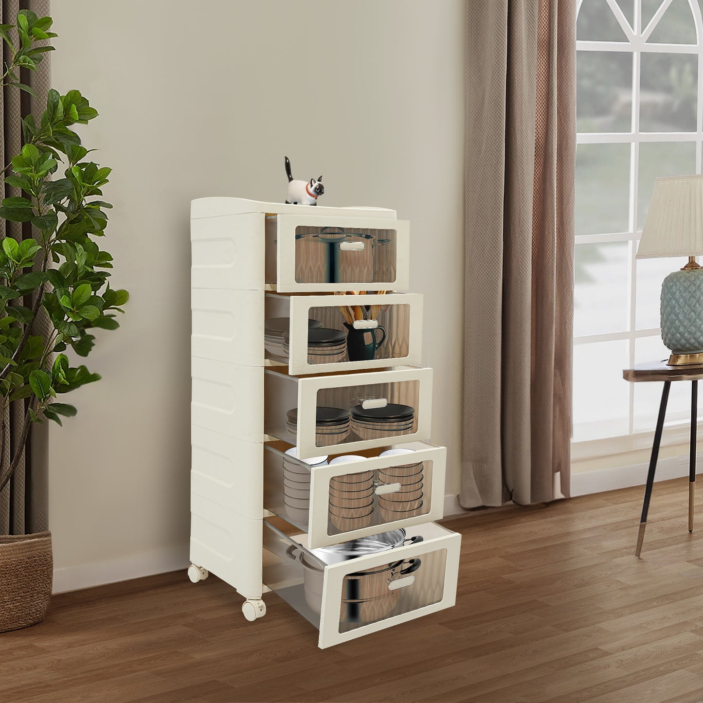 Opbergkast – Ladeblok – Opbergkastje – Kast Met Laden – Organiser – 5 Laden – Wit Met Transparante Panelen – Duurzaam ABS+PP Kunststof – 4 Wielen Met Rem – Compact Verticaal Design – Makkelijk Verplaatsbaar