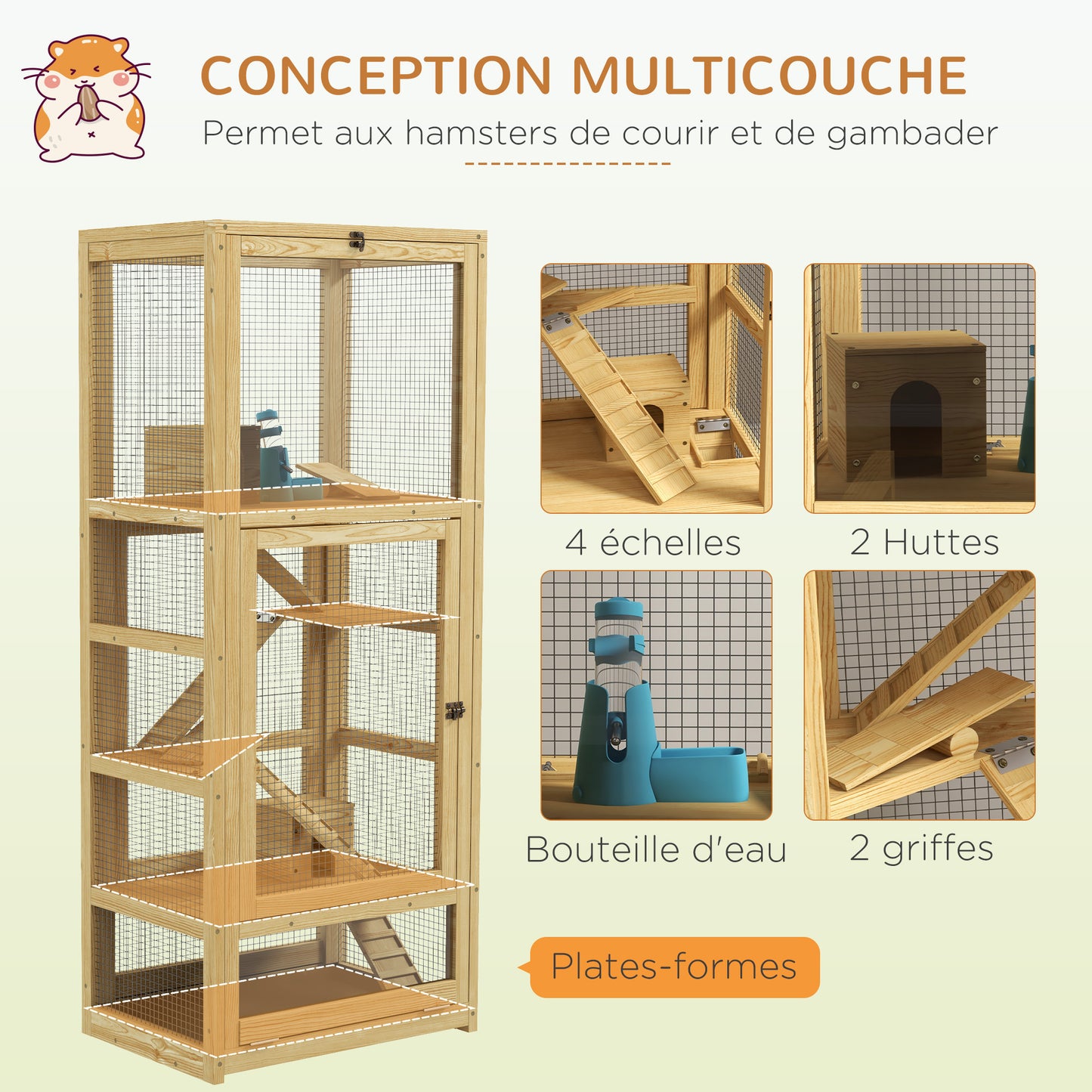 Hamsterras – Knaagdierkooi – Dierenkooi – Houten Kooi – Kleine Dierenkooi – 5 Verdiepingen Met Ladder & Schommel – Uitneembare Bodemlade & Natuurlijk Hout – 54x38x131 cm