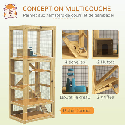 Hamsterras – Knaagdierkooi – Dierenkooi – Houten Kooi – Kleine Dierenkooi – 5 Verdiepingen Met Ladder & Schommel – Uitneembare Bodemlade & Natuurlijk Hout – 54x38x131 cm