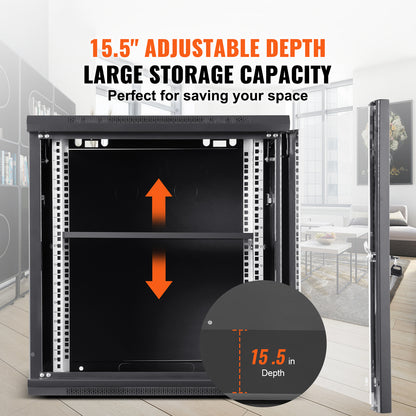 VEVOR 9U Wall Mount Network Server Cabinet, 15.5'' Deep, Server Rack Cabinet Enclosure, 200 lbs Max. Ground-mounted Load Capacity, with Locking Glass Door Side Panels, for IT Equipment, A/V Devices