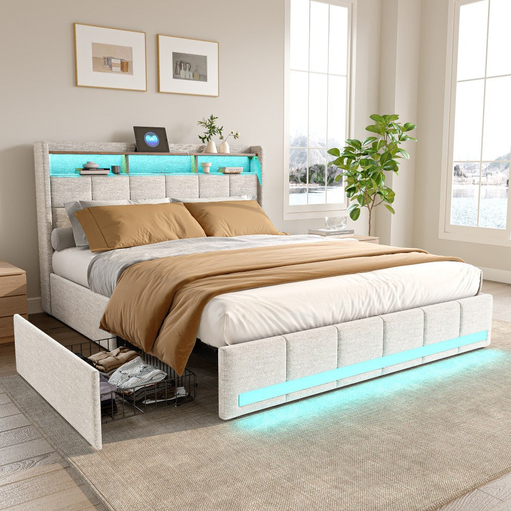 Tweepersoonsbed – Opbergbed – Bed Met Laden – Led Verlichting Bed – Bed Met Usb Poorten – 160x200 cm – Met 4 Lades – Met Linnen Hoofdbord