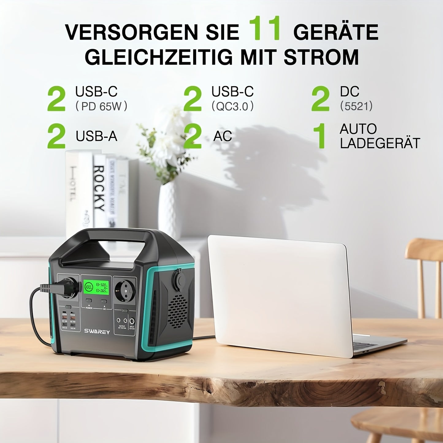 Draagbare Power Station – Mobiele Generator – Solar Generator – Noodstroomvoorziening – Buitenaccu – 1000W Vermogen – 725,76Wh Capaciteit – 2x 1000W AC Uitgang – 2x 65W USB-C Poorten
