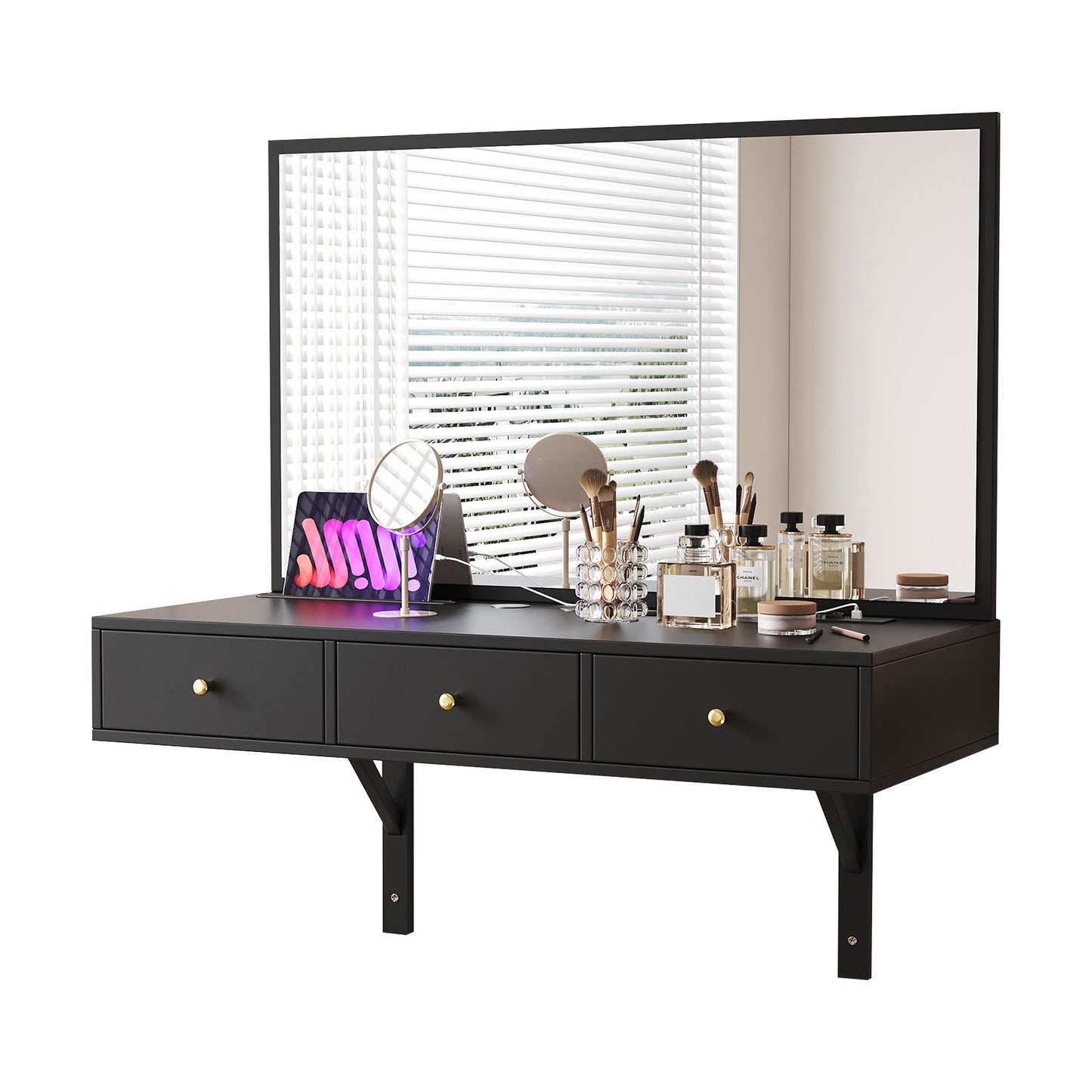 Vanity Hanging with Mirror, 3 Drawers and Power Outlets, Tablet-Card Slot, Beverage Holder; Black 100×105×45 cm (W×H×D)