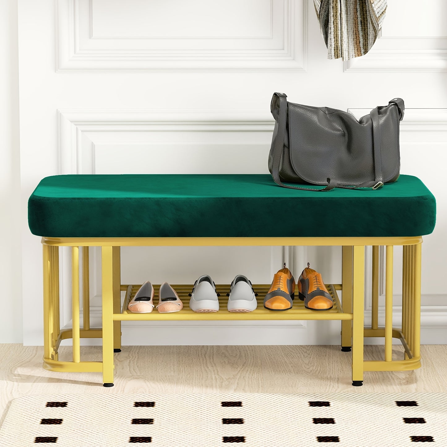 Modern Shoe Bench with Velvet Seat & Sturdy Metal Frame - Space-Saving Hallway Bench with Adjustable Feet, Compact Entryway Storage for Small Apartments, Bedrooms, Black, Bench for Entryway, Contemporary Design, Durable Const