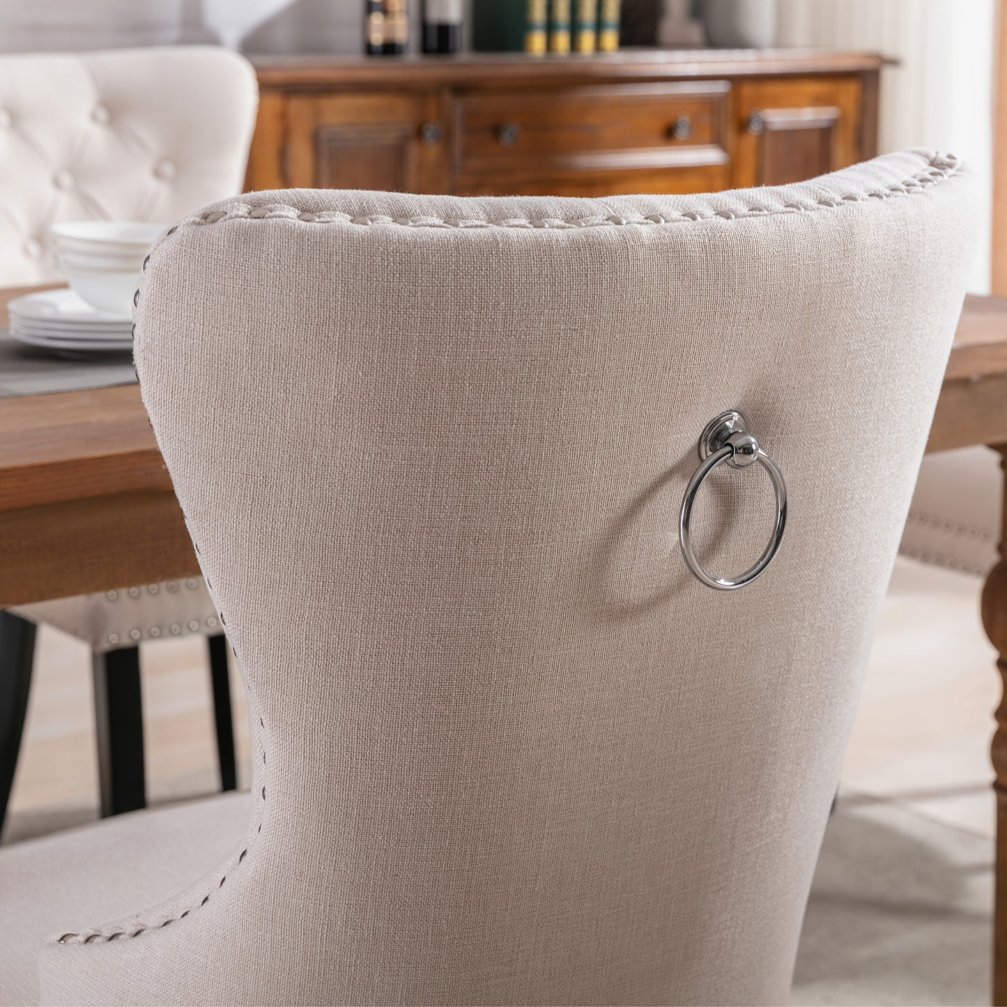 Linnen Eetkamerstoel – Stoel – Eetkamerstoel Set – Designstoel – Woonkamerstoel – Set van 6 – Beige Linnen Bekleding – Stevige Eiken Poten met Chroomaccenten