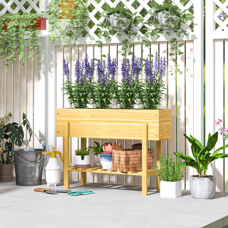 Verhoogde Plantenbak – Bloembak – Tuinbak – Plantenbak Met Opbergruimte – Balkonbak – Natuurlijk Hout – Extra Opbergrek – Waterafvoer Gaten – Duurzaam Vurenhout 100x30x70 cm