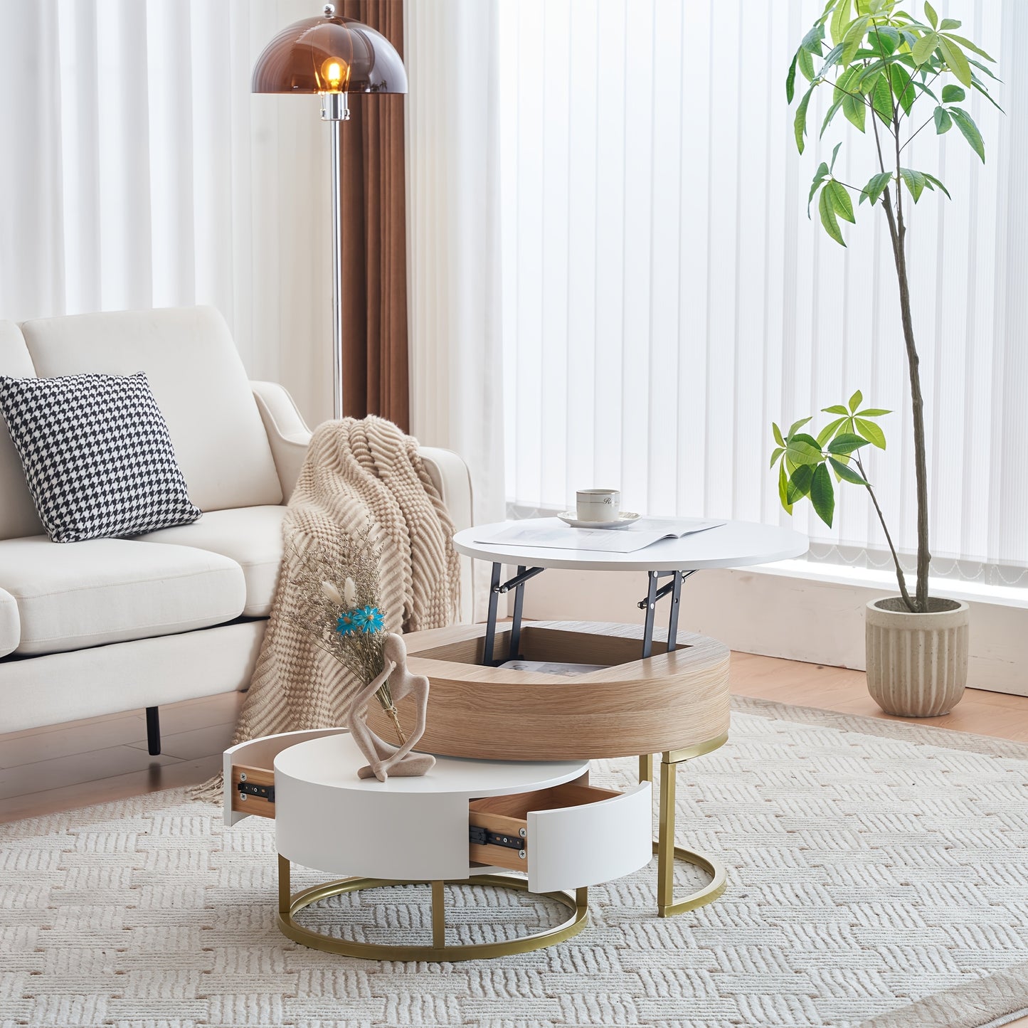 Bijzettafels – Salontafel – Side Table – Nesting Tafels – Opbergtafel – Houten Set – Inklapbaar Ontwerp – Opberglades – Wit Met Gouden Accenten