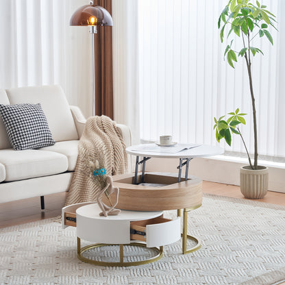 Bijzettafels – Salontafel – Side Table – Nesting Tafels – Opbergtafel – Houten Set – Inklapbaar Ontwerp – Opberglades – Wit Met Gouden Accenten