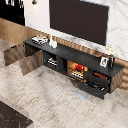 TV-kast – Meubel – Entertainmentkast – Woonkamerkast – TV-meubel – 200 cm – Zwart Marmer – Donker Houtnerf – 2 Deuren – 2 Lades