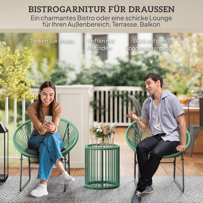 Tuinset – Bistroset – Loungeset – Tuinmeubelset – Balkonset – 3-delig – Ronde glazen tafel – Weerbestendig kunststof rattan met stalen frame – Inclusief zachte groene kussens