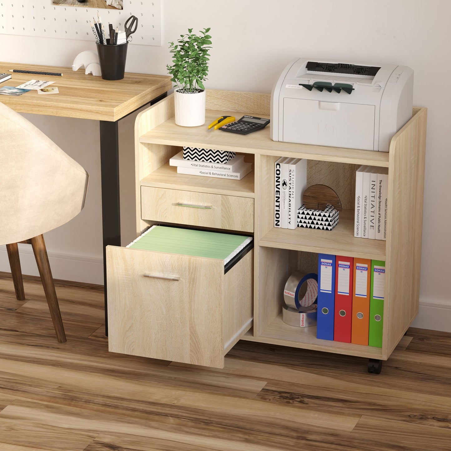 Rolwagen – Printerstandaard – Office Organizer – Mobiele Opberger – Bureauwagen – Licht Eikenhout – Verstelbare Plank – 80x40x72 cm