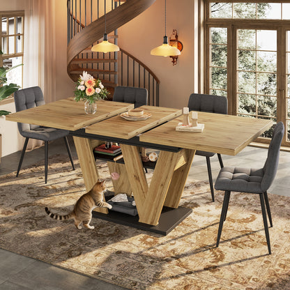 Extendable Dining Table with W-Shaped Legs - Expandable Kitchen Table Suitable for Small Spaces, Pull-Out (119-158.5×80cm), Assembly, Wood Color, Modern Style for Living Room & Dining Room