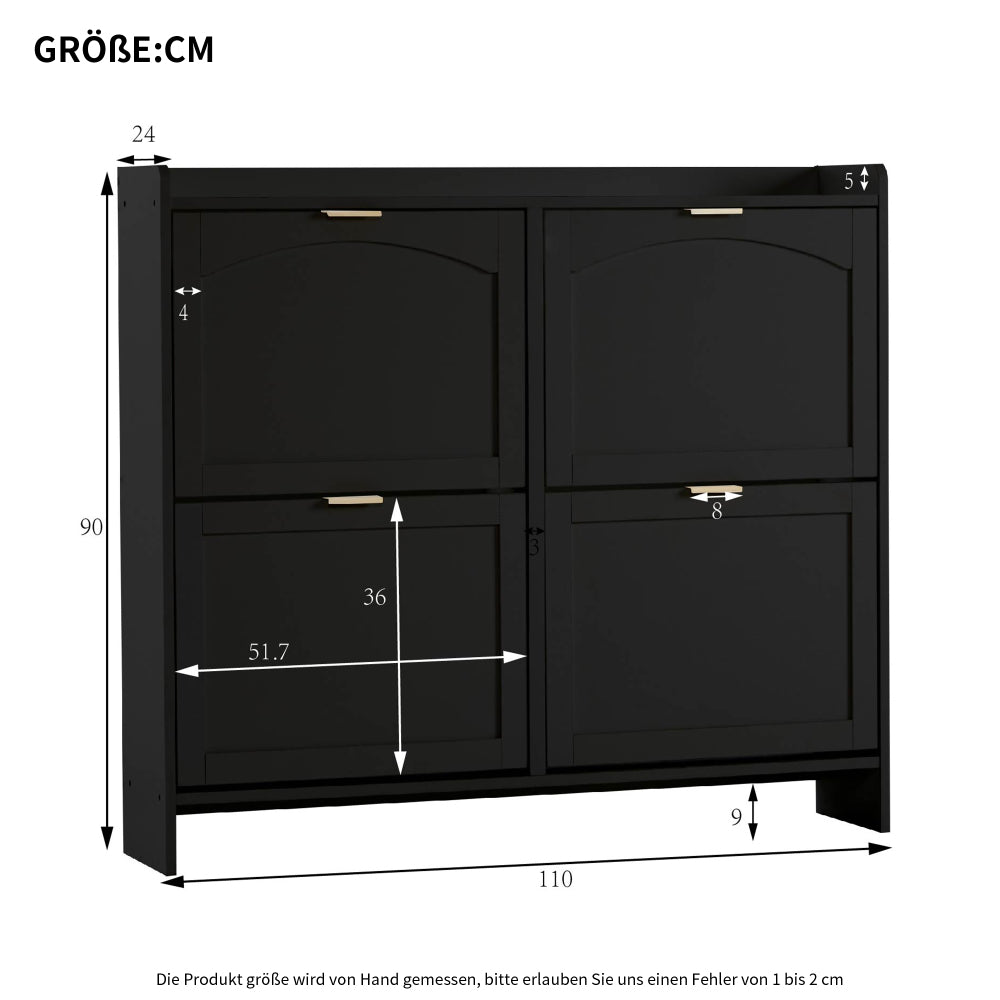 Modern Metal Shoe Cabinet with 4 Flip-Top Doors & Open Shelves - Freestanding Shoe Storage Organizer with Space-Saving Design, Sturdy Construction for Entryway, Hallway, Living Room - Black Shoe Rack with Hidden Storage Compa