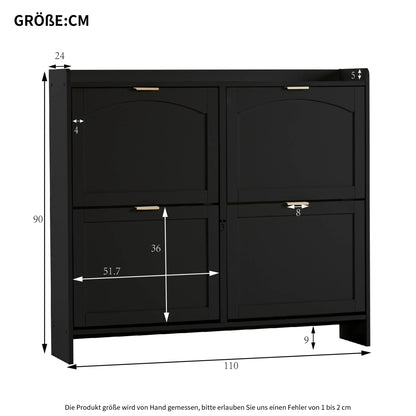 Modern Metal Shoe Cabinet with 4 Flip-Top Doors & Open Shelves - Freestanding Shoe Storage Organizer with Space-Saving Design, Sturdy Construction for Entryway, Hallway, Living Room - Black Shoe Rack with Hidden Storage Compa