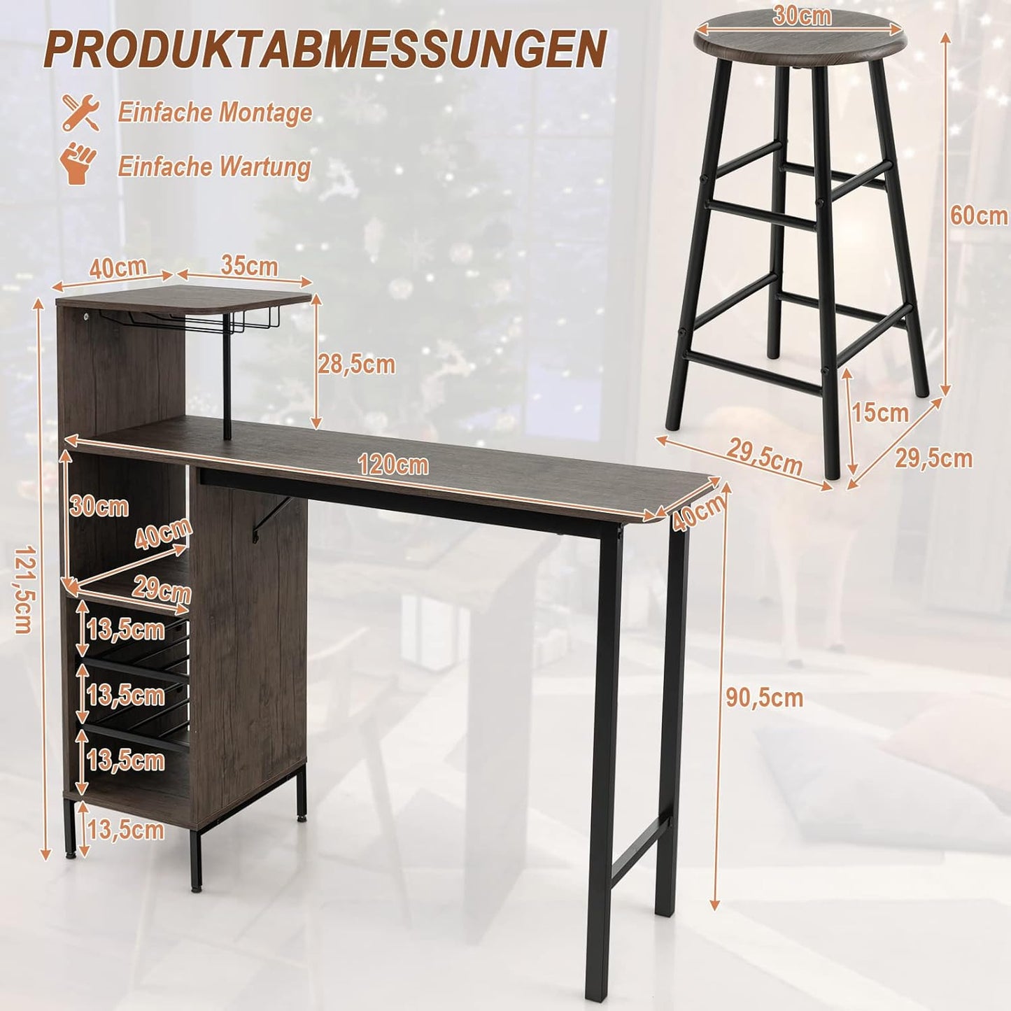 Bartafelset – Barkrukken – Barset – Bartafel met krukken – 3-delig – Rustiek Bruin – Ingebouwd Wijnrek – Compact & Multifunctioneel