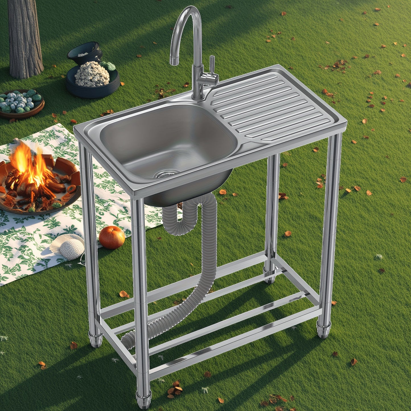 Stainless Steel Restaurant Sink with Workbench, Standalone Outdoor Sink with Hot And Cold Water Taps, Industrial Restaurant Sink Easy to Assemble And Move, Suitable for Garage, Garden, Restaurant, Kitchen, Kitchen Sink, Kitch