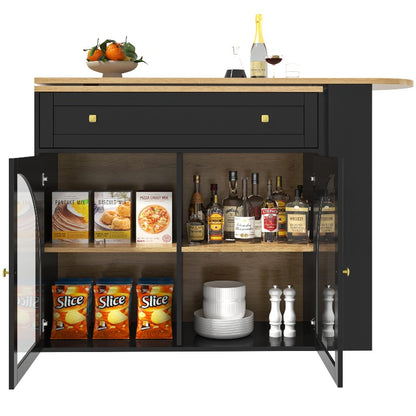 Uitschuifbare Bartafel – Hoge Tafel – Keukeneiland – Bistrotafel – Opberggedeelte – 138-204x39x104 cm – 360° Draaibaar – Modern Zwart Glas