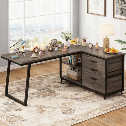 L-Shaped Corner Desk Suitable for Home Office - Reversible Computer Desk with 3-Drawer Storage & 2-Tier Shelves, Space-Saving Wide Workstation Table, Assembly, Engineered Wood