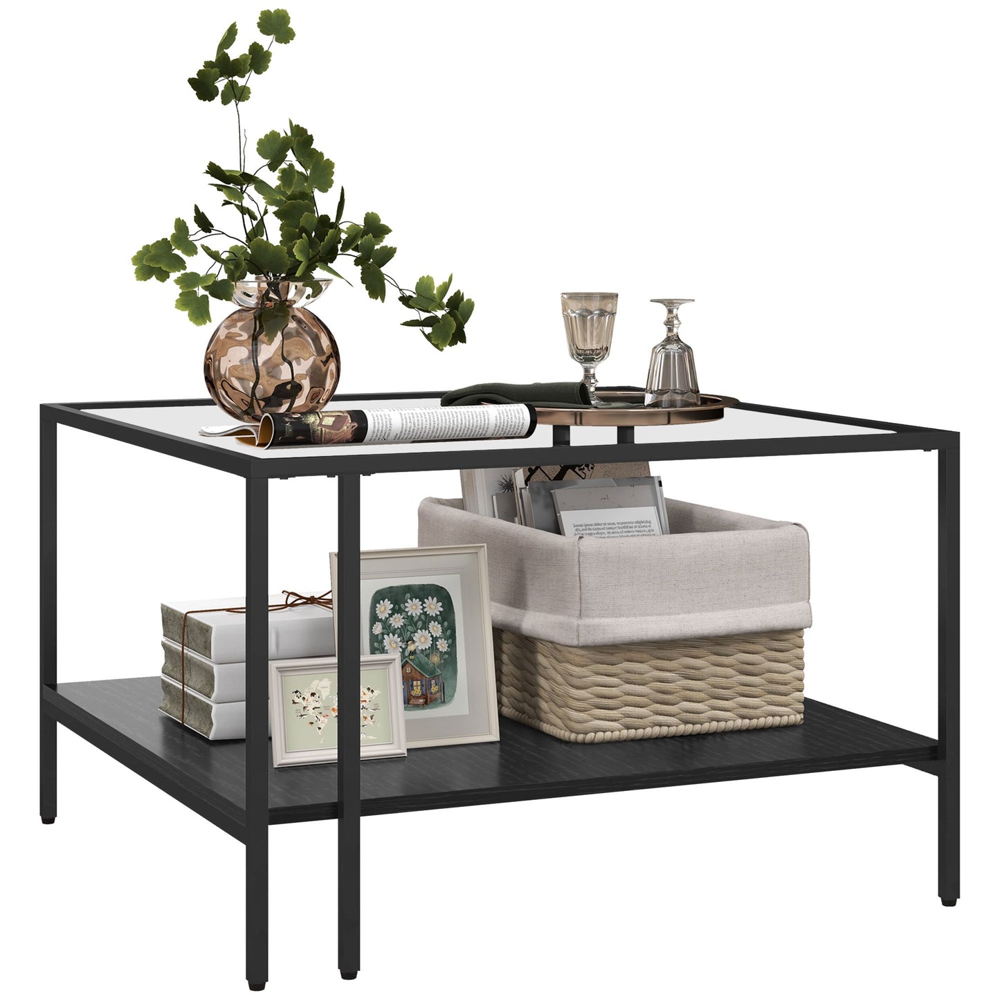 Salontafel – Woonkamertafel – Koffietafel – Tafel – Bijzettafel – Industrieel Design – Temperglas Blad 73x73x46,5 cm – Verstelbare Wieltjes