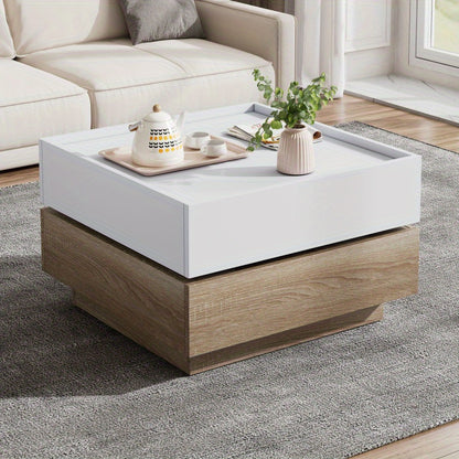 Salontafel – Koffietafel – Woonkamertafel – Draaibare Tafel – Opbergtafel – 360° Draaibaar Bovenblad – Walnoot Frame Met Wit Tafelblad