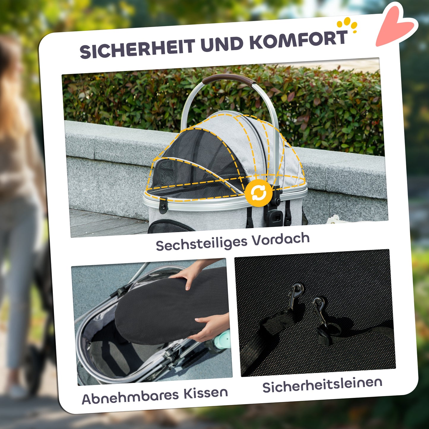 Hondenwagen – Huisdierenwagen – Buggy – Draagtas – Autostoel – Lichtgewicht Aluminium Frame – 3-in-1 Opvouwbaar Design – Inclusief Veiligheidsharnassen – Lichtgrijs
