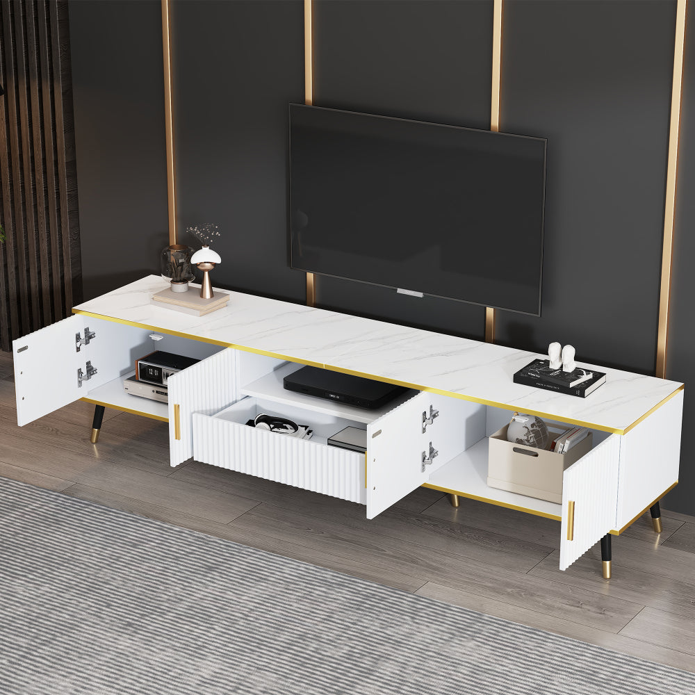 TV-Meubel – TV Meubel Kast – TV Dressoir – TV Bank – Lagere TV-Kast – Geschikt Voor Televisies Tot 90 Inch – Wit Paneel Zonder Hout – Eenvoudige Montage – 200x40x46 cm – Met Lade En Deuren