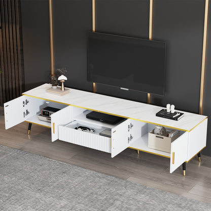 TV-Meubel – TV Meubel Kast – TV Dressoir – TV Bank – Lagere TV-Kast – Geschikt Voor Televisies Tot 90 Inch – Wit Paneel Zonder Hout – Eenvoudige Montage – 200x40x46 cm – Met Lade En Deuren