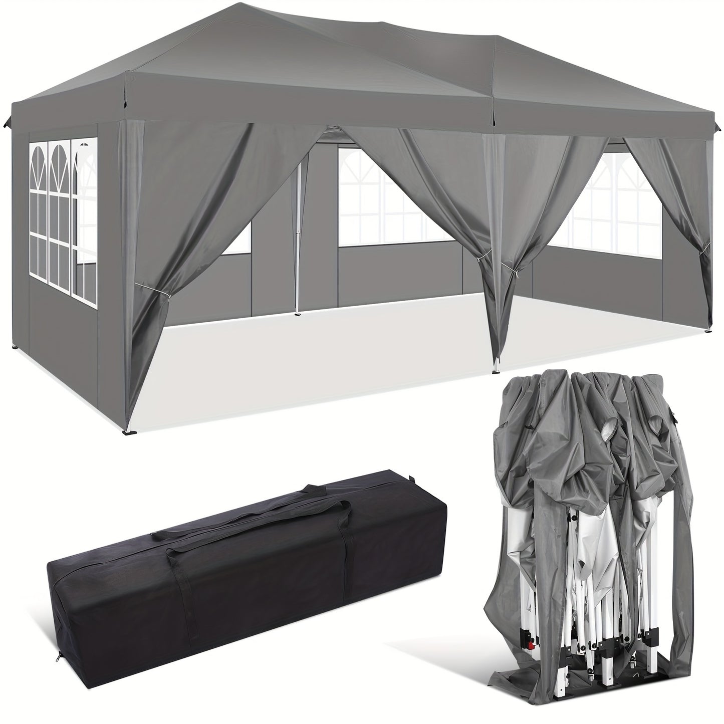 Partytent – Tuinent – Paviljoen – Easy-up Tent – Feesttent – 3x6 Meter – Waterdicht Polyester – 6 Zijwanden Met UV-bescherming - Grijs