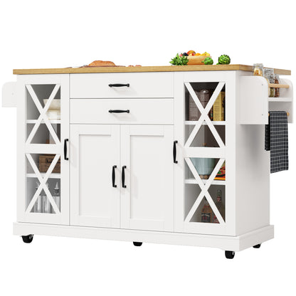 Mobile Kitchen Island with Wheels Castors - Adjustable Shelves & 2 Drawers, 4-Door Cabinet (2 Glass Doors), Compact Rolling Cart Suitable for Small Spaces, Assembly, Modern