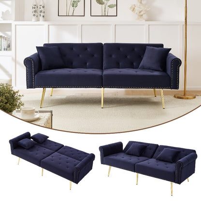Sofa Bed – Slaapbank – Logeerbank – Bedbank – 2-Zits Bank – Fluwelen Navy Blauw/Zwart – 3-Standen Verstelbare Rugleuning – Ruimtebesparend Compact Design