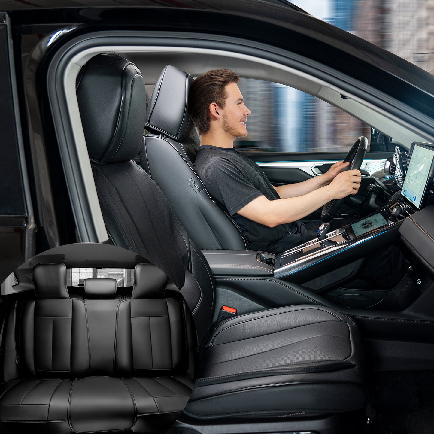 Autostoelhoezen – Universele Stoelhoezen – Autostoelbekleding – Kunstleer Stoelhoezen – Voor- en Achterstoelen – Zwart – Volledig Omsloten Design – Airbag Veilig