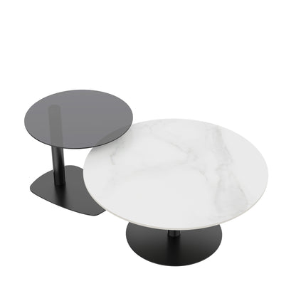Ronde Salontafel Set – Bijzettafel – Nestbare Tafels – Koffietafel – Woonkamer Tafel – Wit Sintered Stone & Grijs Glas – Zwart Metalen Frame – Krasbestendig & Compact