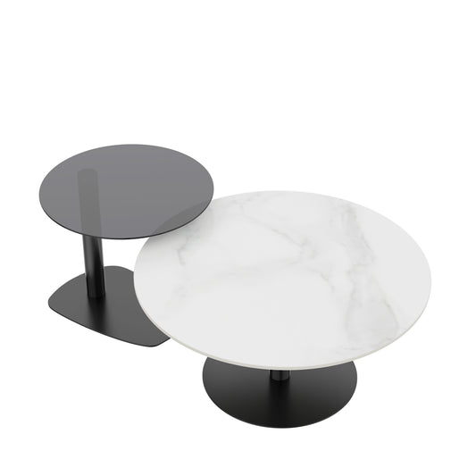 Ronde Salontafel Set – Bijzettafel – Nestbare Tafels – Koffietafel – Woonkamer Tafel – Wit Sintered Stone & Grijs Glas – Zwart Metalen Frame – Krasbestendig & Compact