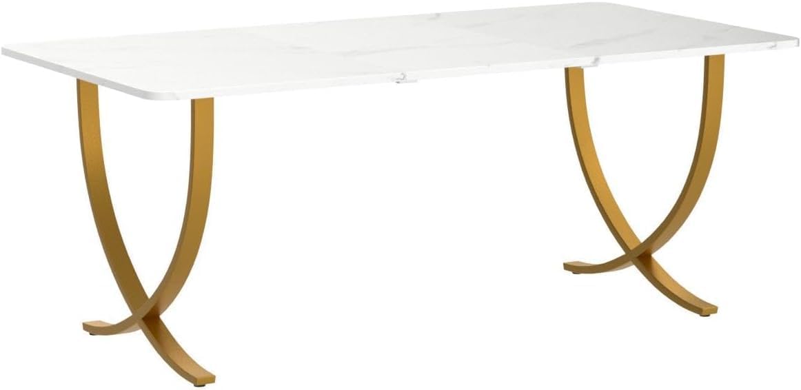 Tribesigns Desk, Computer Table, 160 x 80 x 75 cm, Modern PC Table, Work Table, Dining Table with Artificial Marble Tabletop and Metal Legs for Home Office, Conference Table, White and Gold