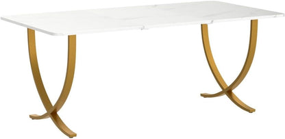 Tribesigns Desk, Computer Table, 160 x 80 x 75 cm, Modern PC Table, Work Table, Dining Table with Artificial Marble Tabletop and Metal Legs for Home Office, Conference Table, White and Gold