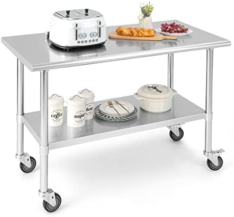 FANTASK Werktafel roestvrij staal, keukentafel roestvrij stalen tafel met in hoogte verstelbare plank, zilver
