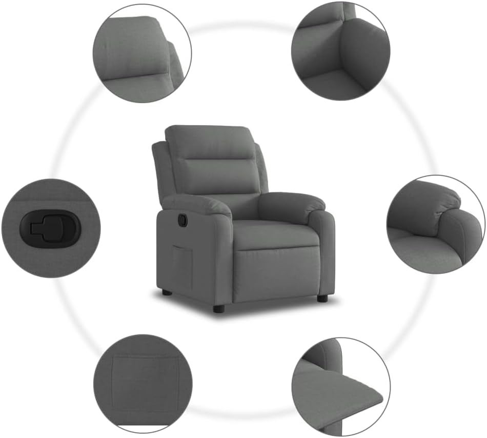 Relaxstoel donkergrijs stof TV fauteuil met ligfunctie, enkele ligstoel relaxstoel voor woonkamer, slaapkamer handmatig kantelsysteem mA5 - QUORE