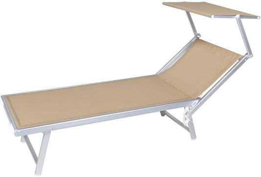 VERDELOOK Strandstoel met zonnedak, frame van aluminium, bespanning van textiel, 186 x 61 x 38 cm, zandkleurig