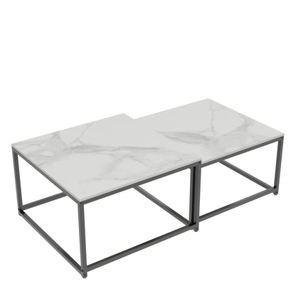 Salontafel – Koffietafel – Bijzettafel – Tafel – Woonkamertafel – Set Van 2 – Scandinavisch Design – Marmerlook Tafelblad – Metalen Frame – Nestbare Tafels 65x65x40 & 60x60x34 cm – Wit
