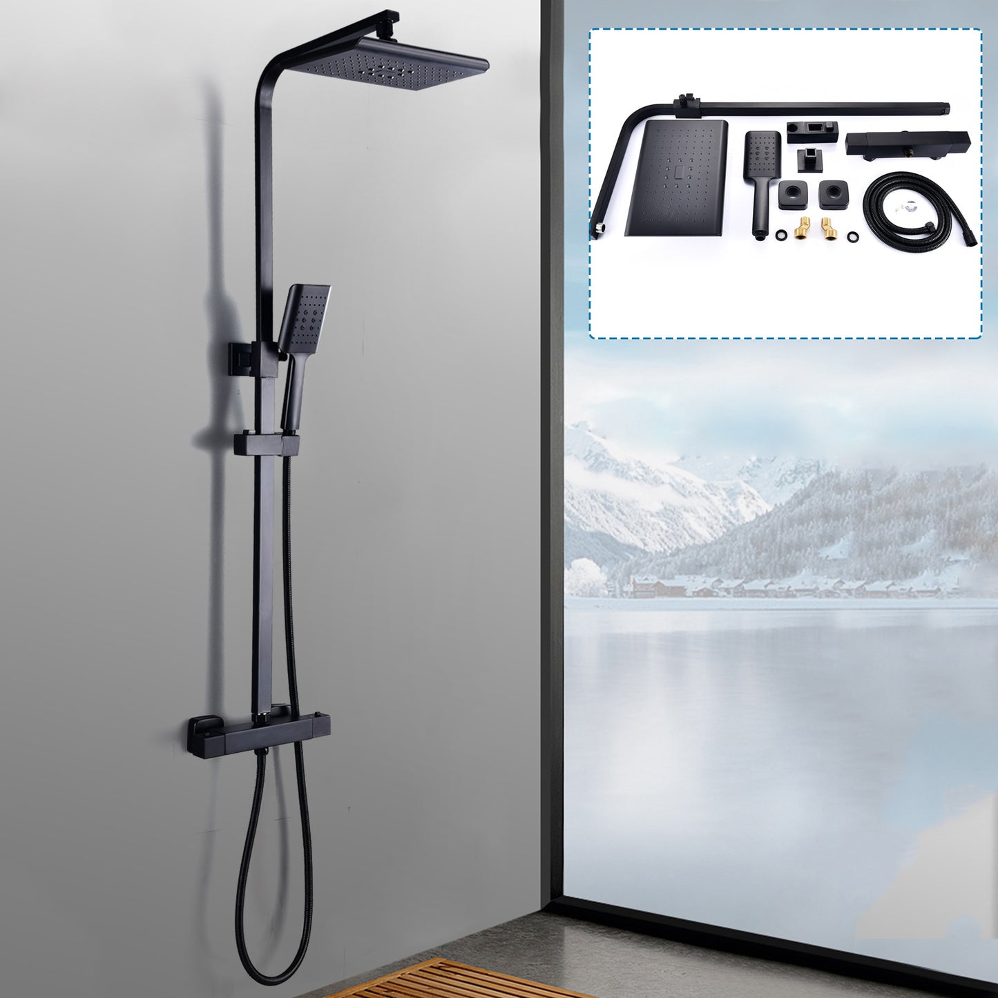 Douchekraan – Douchemengkraan – Thermostatische Mengkraan – Douchethermostaat – Doucheset – Wandmontage – Temperatuurregeling – Waterbesparend – Modern Vierkant Design – Zwart-Witte Afwerking